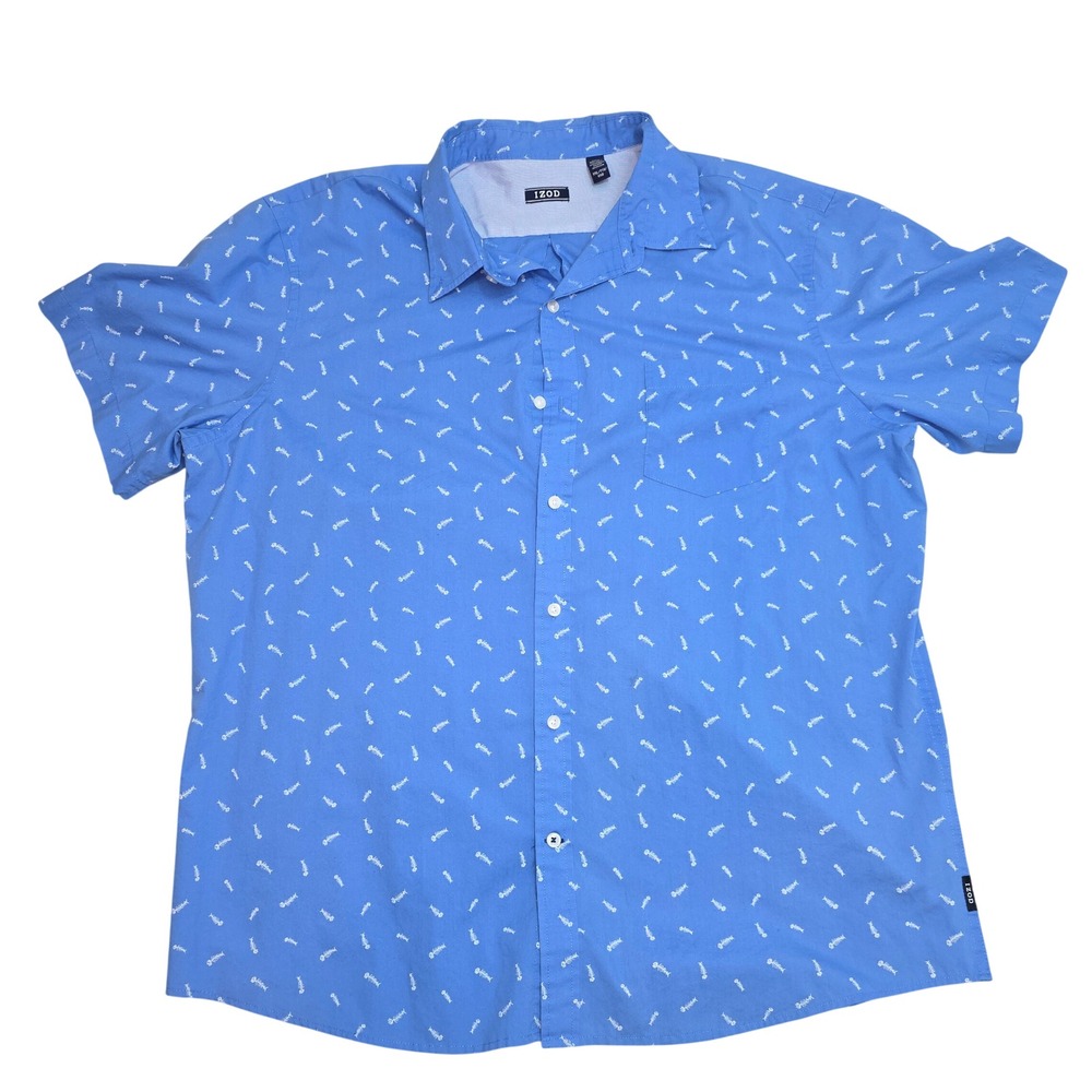IZOD Mens Short Sleeve Button Down Shirt Blue Fishbone Print Size XXL